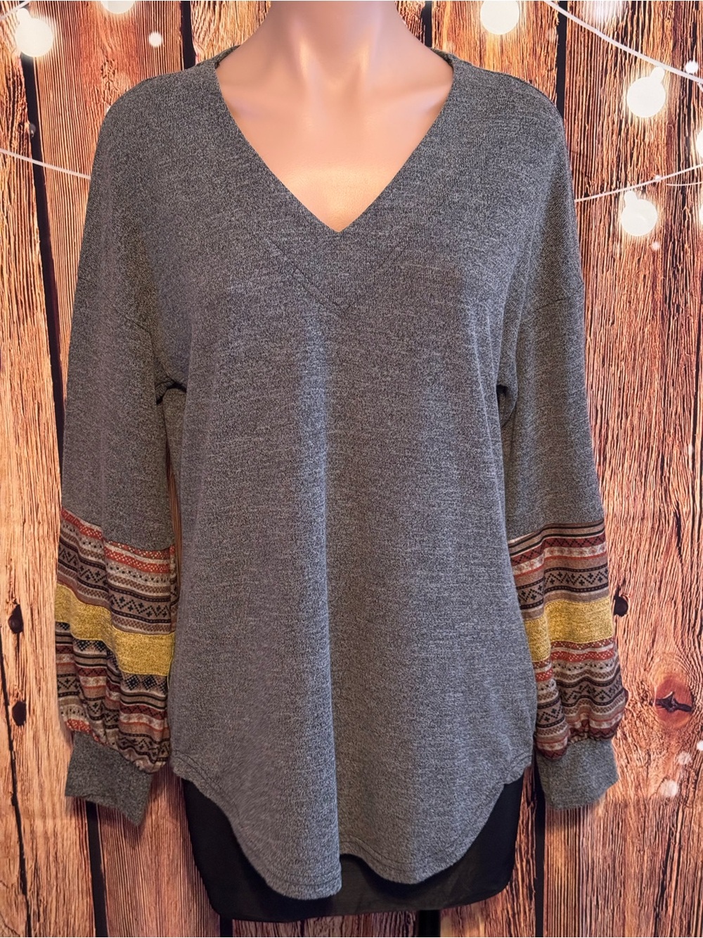 Soft Cozy V-Neck Gray Knit Top with Patterned Tunic With Balloon Sleeves